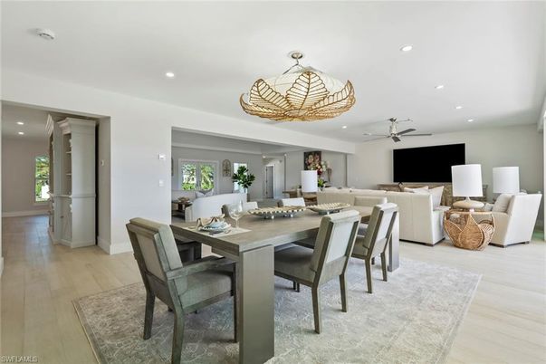 Dining room, Interior, Living room, Recessed Lighting, Wood Texture Flooring