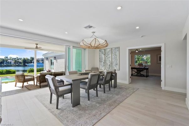 Chandelier, Dining room, Interior, Recessed Lighting, Water, Wood Texture Flooring