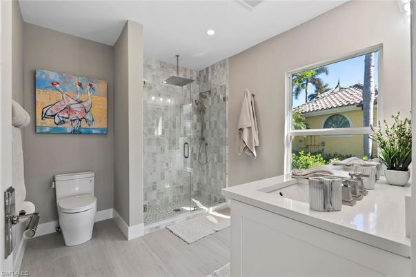 Bathroom, Glass Shower, Interior, Recessed Lighting, Wood Texture Flooring
