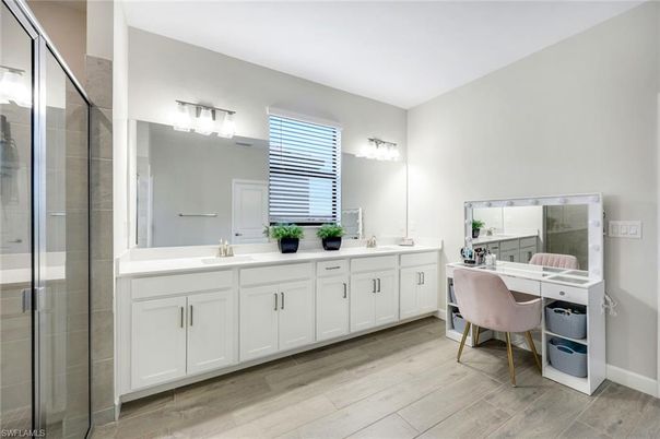 Bathroom, Dual Sink Vanities, Home Office, Interior, Wood Texture Flooring