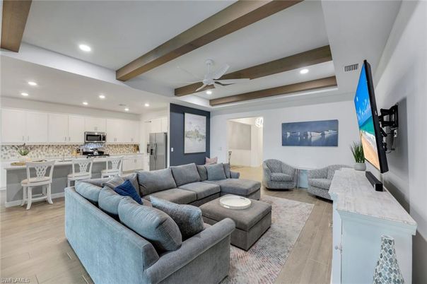 Interior, Kitchen, Living room, Recessed Lighting, Stainless Steel Appliances, Wooden Beams, Wood Texture Flooring