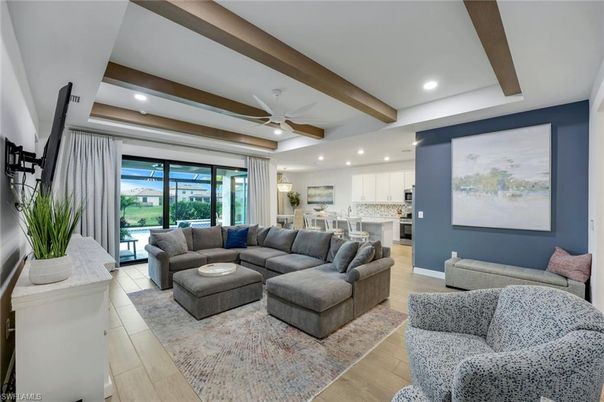 Interior, Kitchen, Living room, Recessed Lighting, Wooden Beams, Wood Texture Flooring