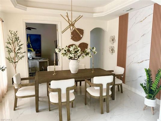 Dining room, Interior, Marble, Pendant Lights