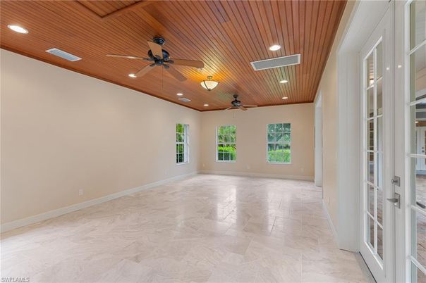 Empty room, Interior, Marble, Recessed Lighting, Wooden Ceilings