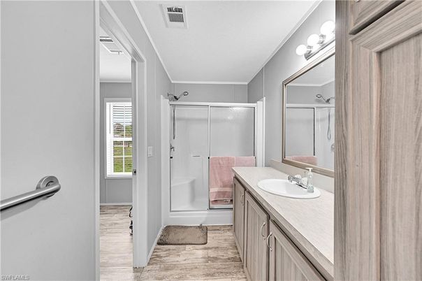 Bathroom, Glass Shower, Interior, Wood Texture Flooring
