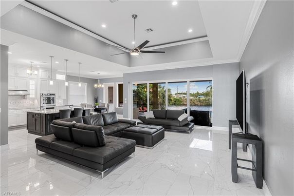 Dining room, Interior, Kitchen, Living room, Marble, Pendant Lights, Recessed Lighting, Water
