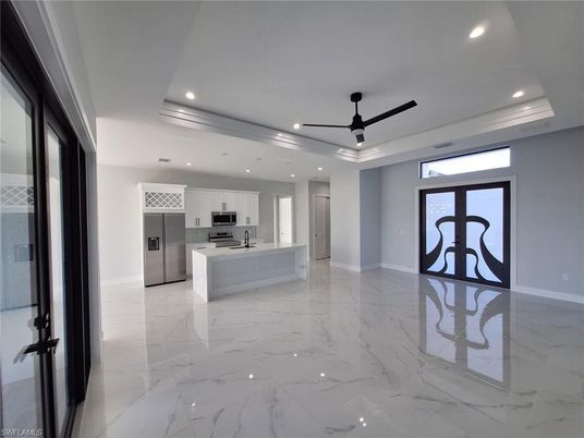 Interior, Kitchen, Marble, Pendant Lights, Recessed Lighting, Stainless Steel Appliances