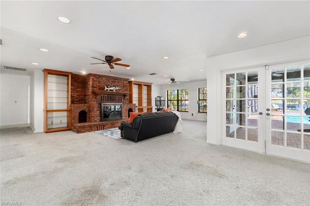 Fireplace, Interior, Living room, Recessed Lighting, Stone Walls