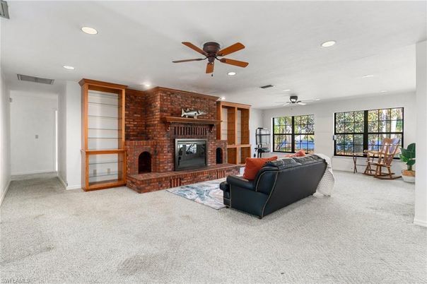 Fireplace, Interior, Living room, Recessed Lighting, Stone Walls