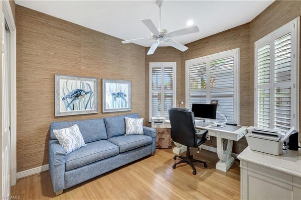Home Office, Interior, Recessed Lighting, Wood Texture Flooring, Wooden Walls