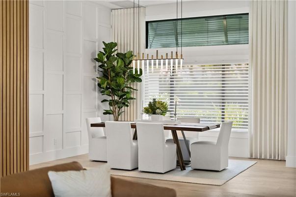 Dining room, Interior, Pendant Lights, Wood Texture Flooring