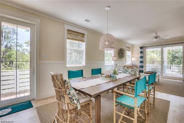 Dining room, Interior, Pendant Lights, Wood Texture Flooring