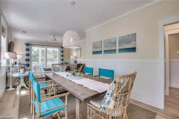 Dining room, Interior, Pendant Lights, Wood Texture Flooring