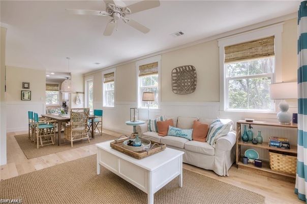 Dining room, Interior, Living room, Pendant Lights, Recessed Lighting, Wood Texture Flooring