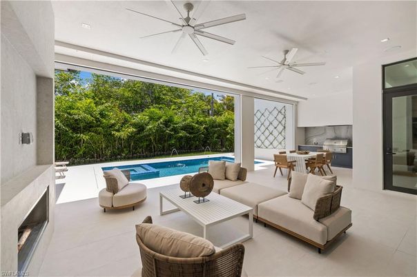 Dining room, Fireplace, Interior, Kitchen, Living room, Pool, Recessed Lighting