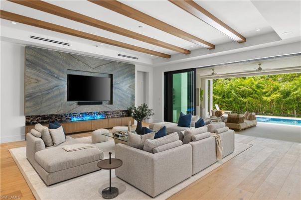 Interior, Living room, Marble Walls, Recessed Lighting, Wooden Beams, Wood Texture Flooring