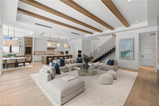 Interior, Kitchen, Living room, Pendant Lights, Recessed Lighting, Stainless Steel Appliances, Wooden Beams, Wood Texture Flooring