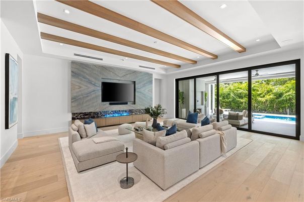 Interior, Living room, Marble Walls, Recessed Lighting, Wooden Beams, Wood Texture Flooring