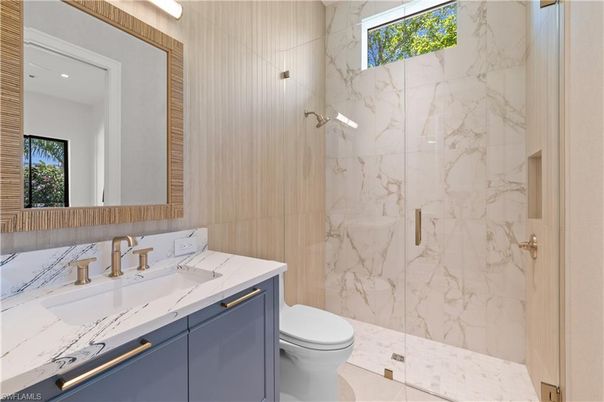 Bathroom, Glass Shower, Interior, Marble Walls, Recessed Lighting