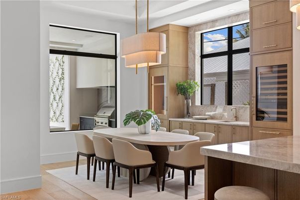 Dining room, Interior, Pendant Lights, Recessed Lighting, Wood Texture Flooring