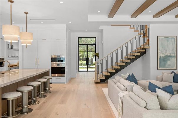 Interior, Kitchen, Living room, Pendant Lights, Recessed Lighting, Stainless Steel Appliances, Wooden Beams, Wood Texture Flooring