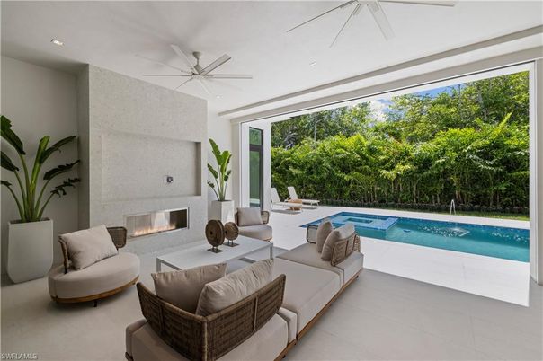 Fireplace, Interior, Living room, Pool, Recessed Lighting