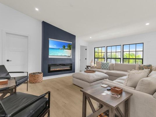 Fireplace, Interior, Living room, Recessed Lighting, Wood Texture Flooring