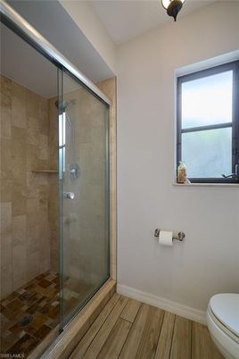Bathroom, Glass Shower, Interior, Wood Texture Flooring