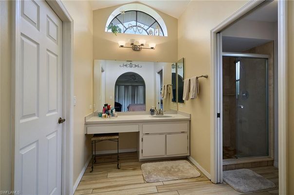 Bathroom, Glass Shower, Interior, Wood Texture Flooring