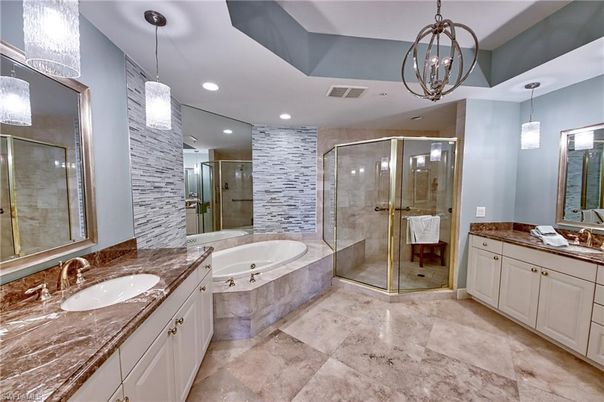 Bathroom, Dual Sink Vanities, Glass Shower, Interior, Pendant Lights, Recessed Lighting