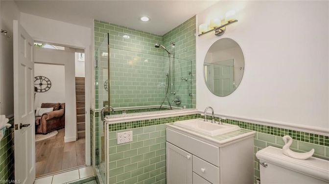 Bathroom, Glass Shower, Interior, Recessed Lighting, Wood Texture Flooring