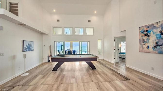 Billiard Table, Game Room, Interior, Recessed Lighting, Wood Texture Flooring