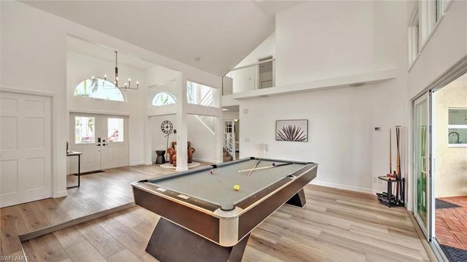 Billiard Table, Game Room, Interior, Pendant Lights, Wood Texture Flooring