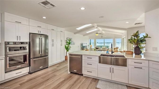 Interior, Kitchen, Recessed Lighting, Stainless Steel Appliances, Water, Wood Texture Flooring