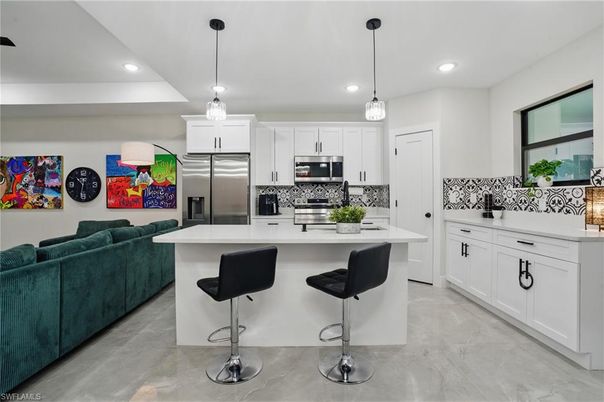 Interior, Kitchen, Marble, Pendant Lights, Recessed Lighting, Stainless Steel Appliances