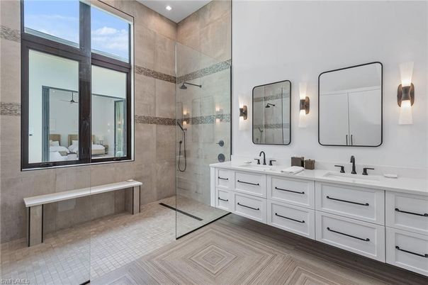Bathroom, Dual Sink Vanities, Glass Shower, Interior, Recessed Lighting, Wood Texture Flooring