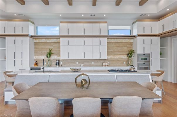 Dining room, Interior, Kitchen, Recessed Lighting, Stainless Steel Appliances, Wooden Beams, Wood Texture Flooring