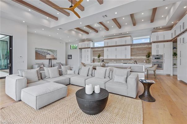 Interior, Kitchen, Living room, Recessed Lighting, Stainless Steel Appliances, Wooden Beams, Wood Texture Flooring