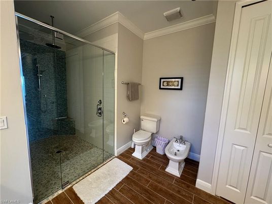 Bathroom, Glass Shower, Interior, Wood Texture Flooring