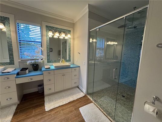 Bathroom, Glass Shower, Interior, Wood Texture Flooring