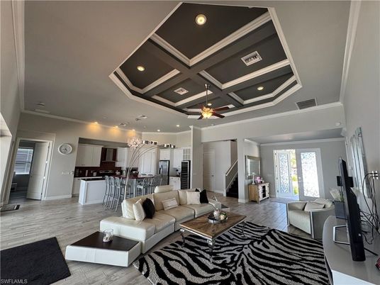 Dining room, Interior, Kitchen, Living room, Recessed Lighting, Wood Texture Flooring