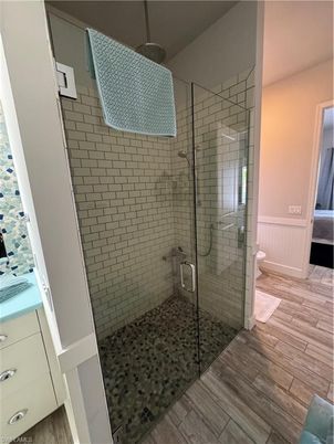 Bathroom, Glass Shower, Interior, Wood Texture Flooring