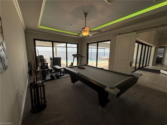 Billiard Table, Fitness Equipment, Game Room, Interior, Water, Wood Texture Flooring