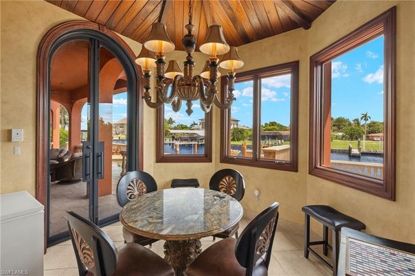 Chandelier, Dining room, Interior, Wooden Ceilings