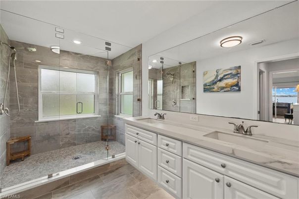 Bathroom, Dual Sink Vanities, Glass Shower, Interior, Recessed Lighting
