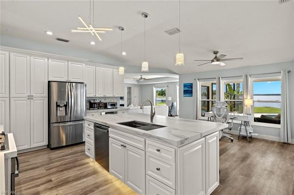 Interior, Kitchen, Pendant Lights, Recessed Lighting, Stainless Steel Appliances, Water, Wood Texture Flooring
