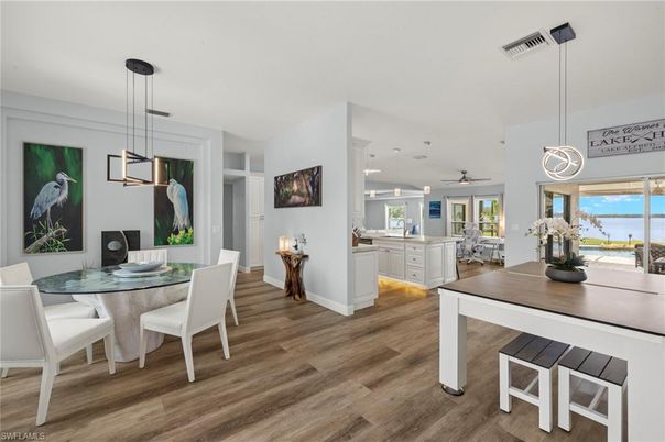 Dining room, Interior, Pendant Lights, Recessed Lighting, Water, Wood Texture Flooring