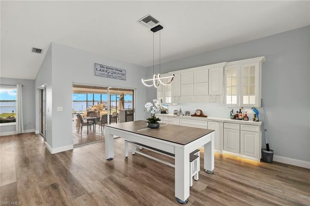 Dining room, Interior, Kitchen, Pendant Lights, Water, Wood Texture Flooring