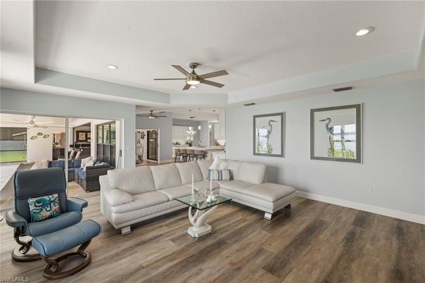 Dining room, Interior, Living room, Recessed Lighting, Wood Texture Flooring