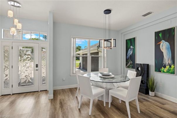 Dining room, Interior, Pendant Lights, Wood Texture Flooring